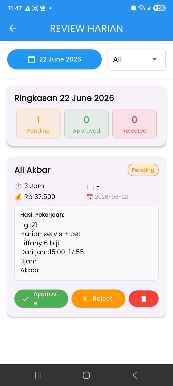 Daily report review — approve to feed salary calculation