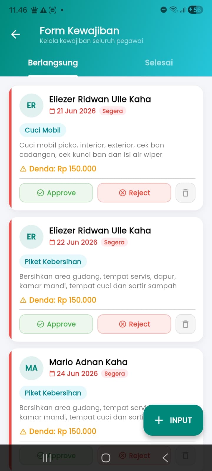 Employee duty form — tasks & fines, approve/reject