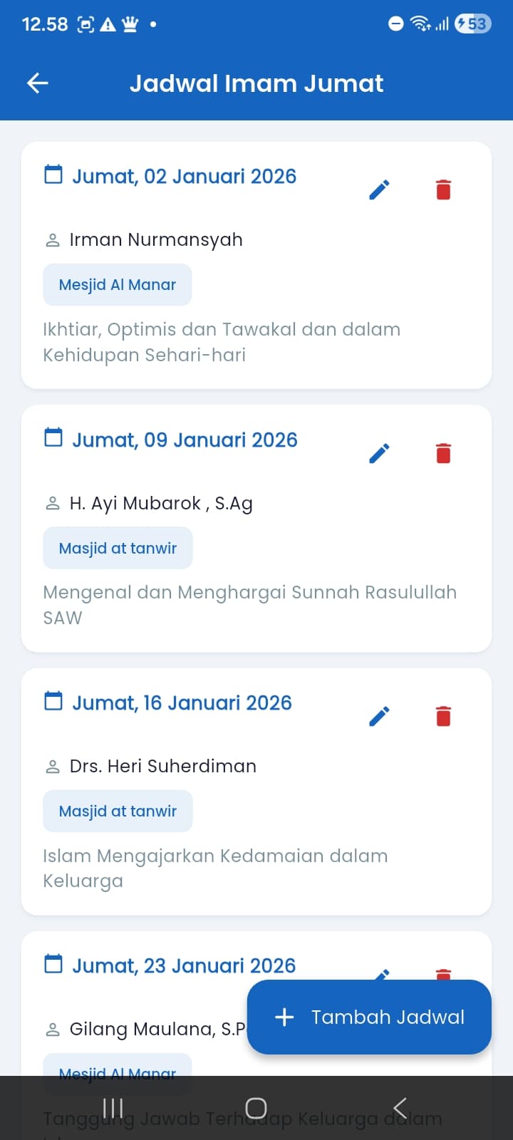 Friday Imam Schedule — khatib & sermon theme per mosque, add/edit/delete