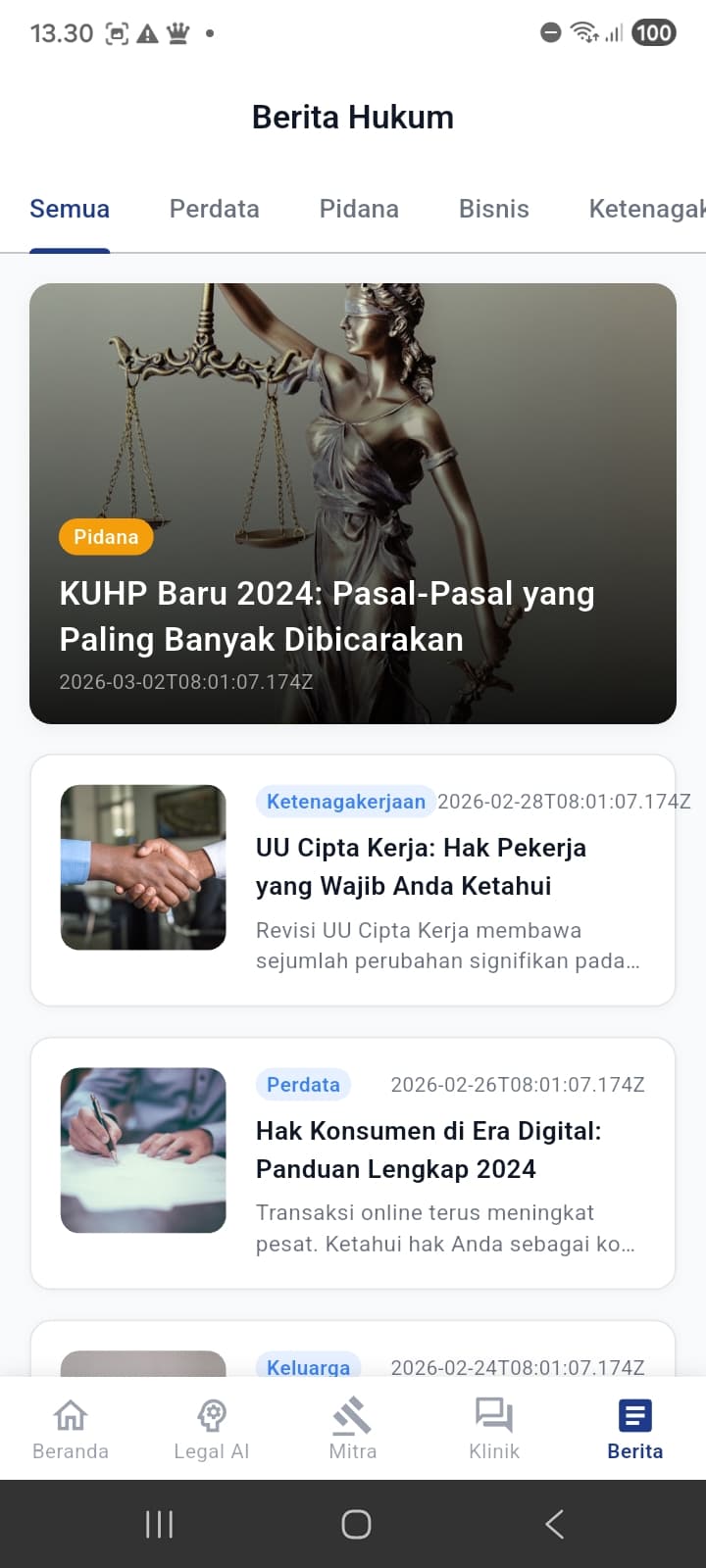 Legal News — timeline & categories (civil, criminal, business)