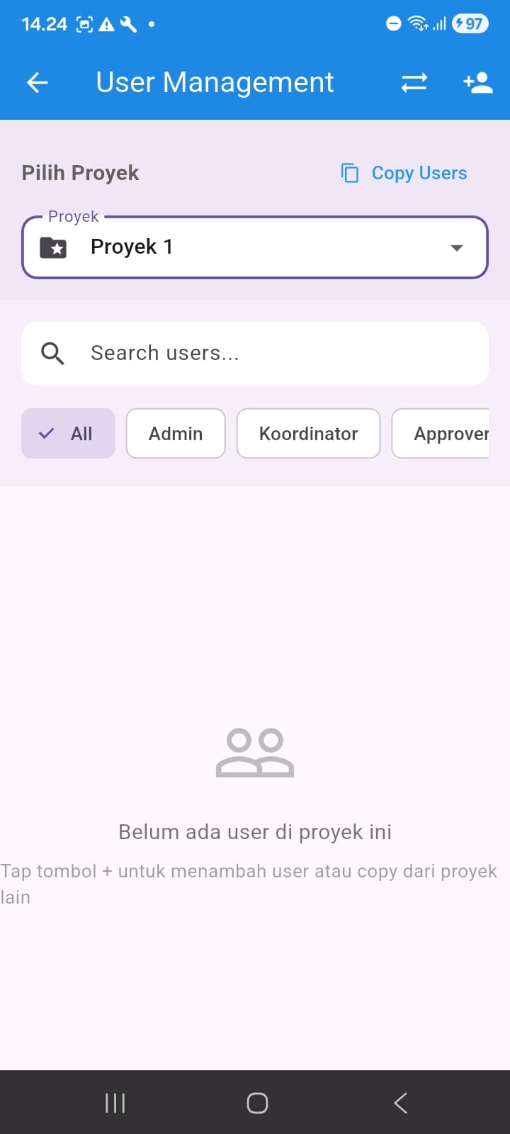 User Management — Admin/Coordinator/Approver roles per project + copy users