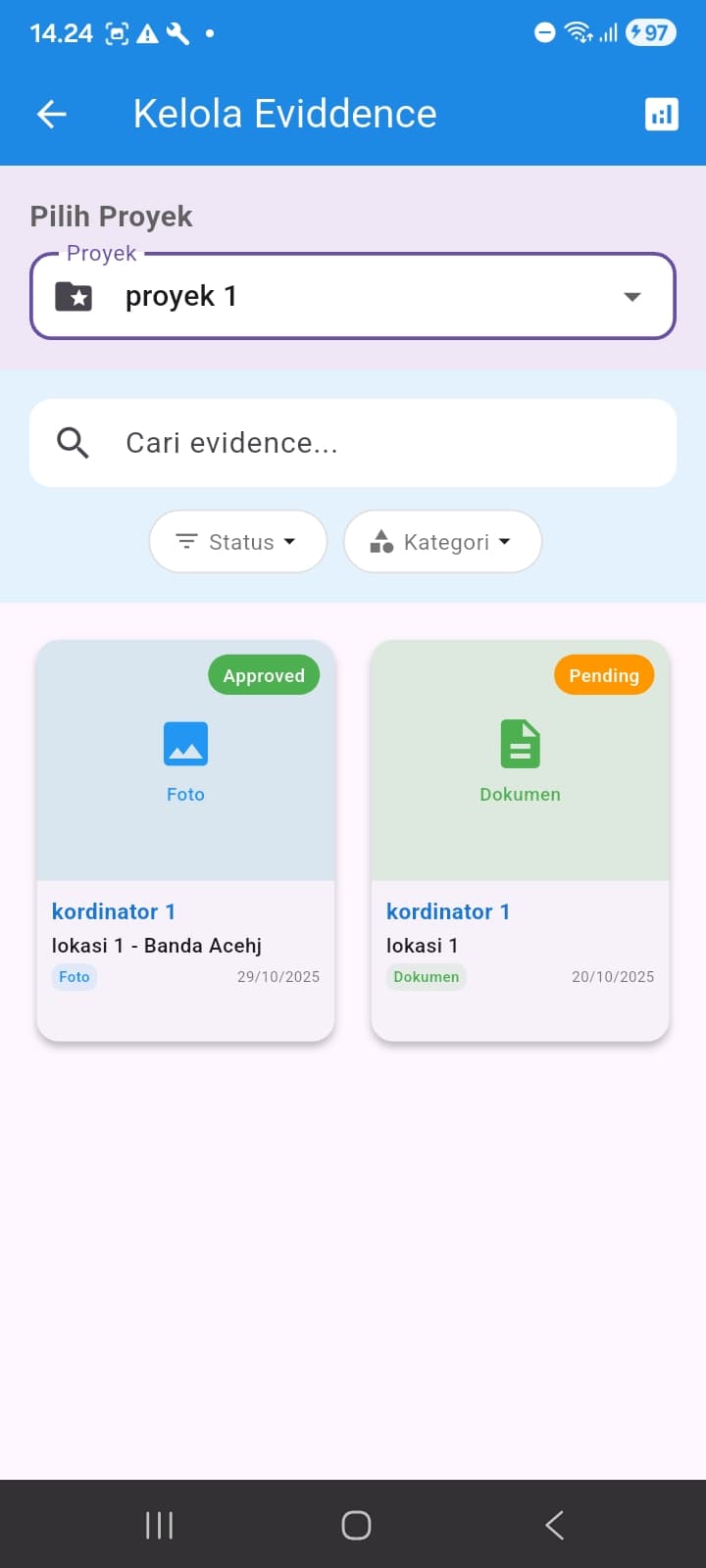Evidence Management — categorized photos/documents with approval status