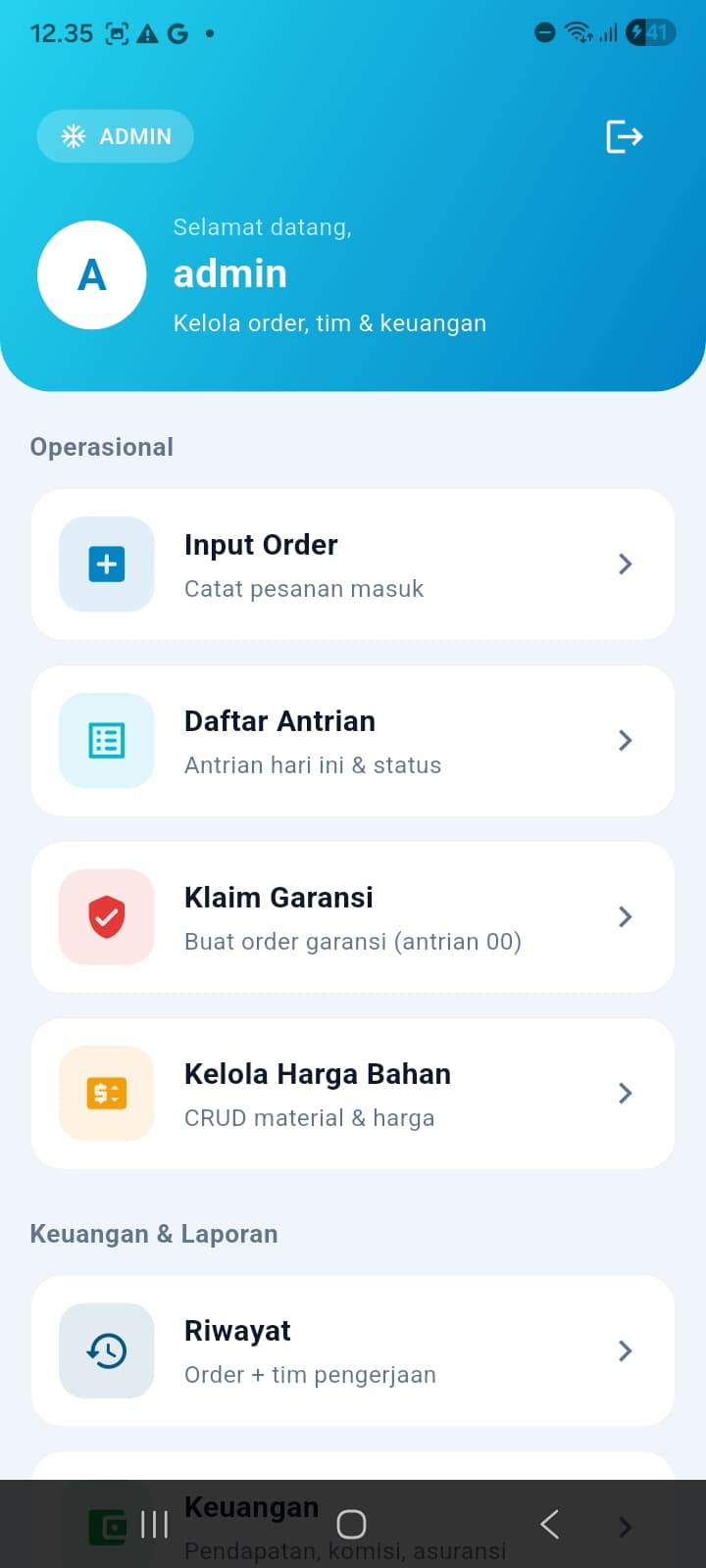 Admin Dashboard — operations, finance & reports in one menu