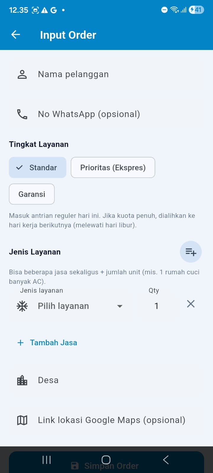 Order Input — service tier (Standard/Priority/Warranty) & multi-service + Maps link
