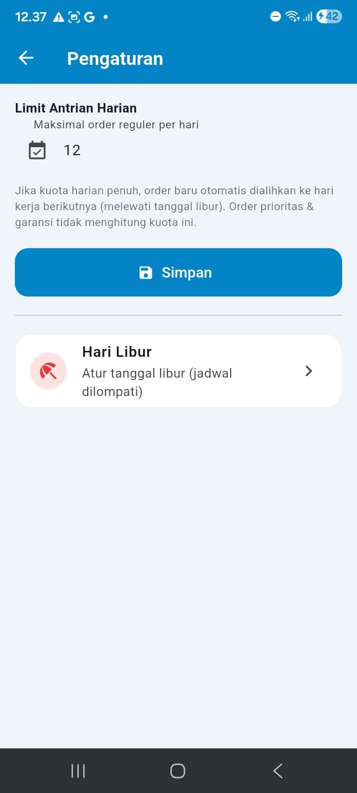 Settings — daily queue limit & holiday schedule (skipped)