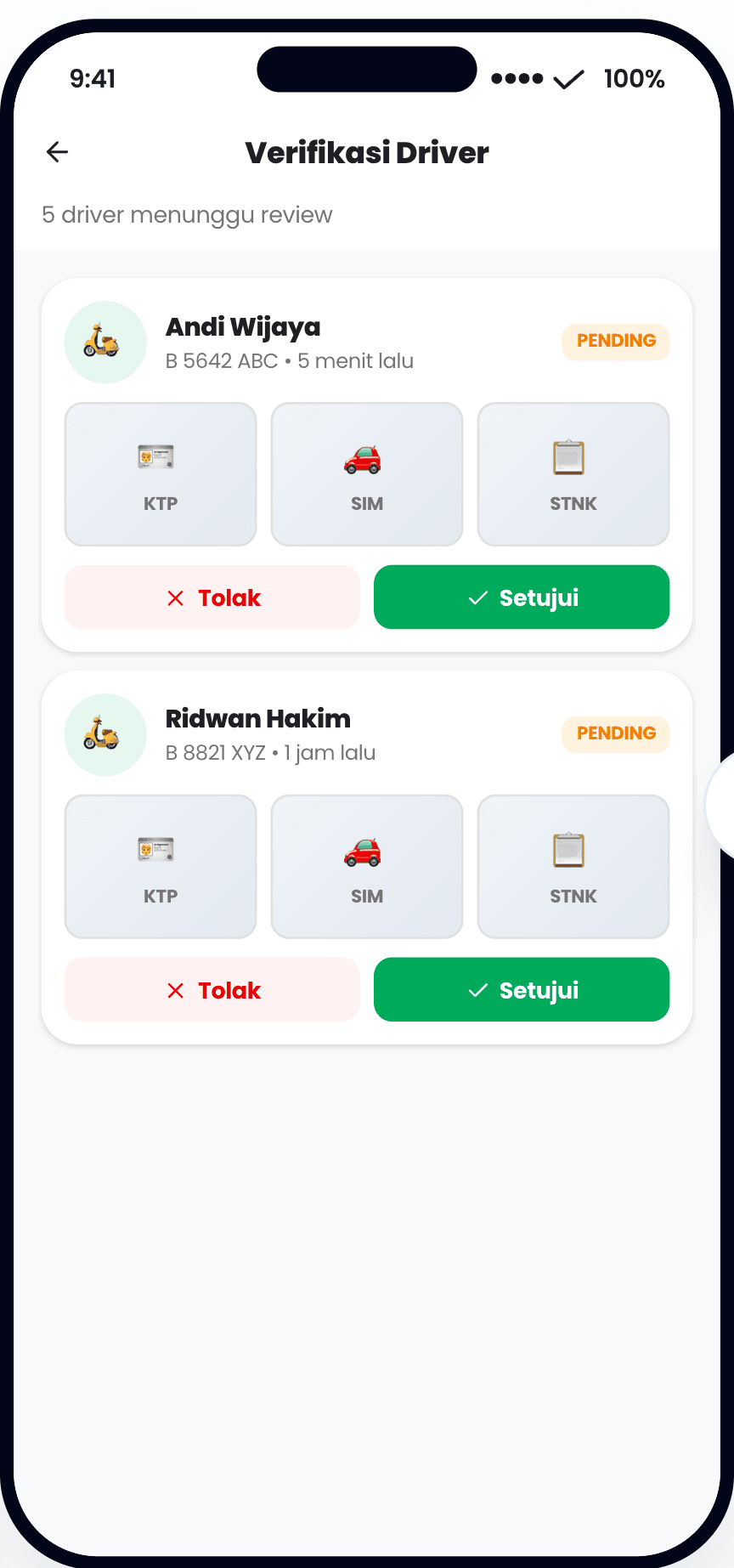 Admin — driver verification & approval