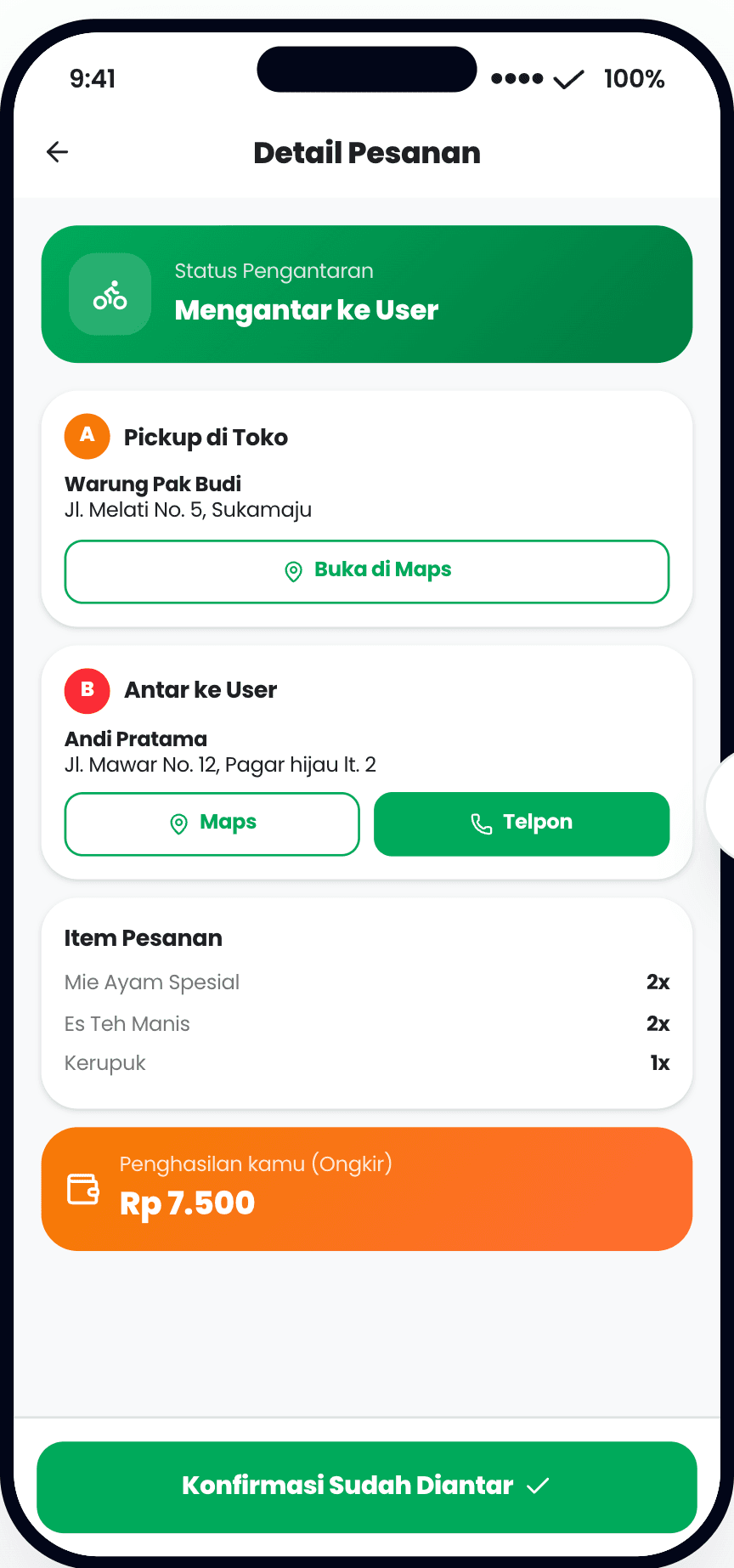Driver — order detail: pickup, delivery & navigation