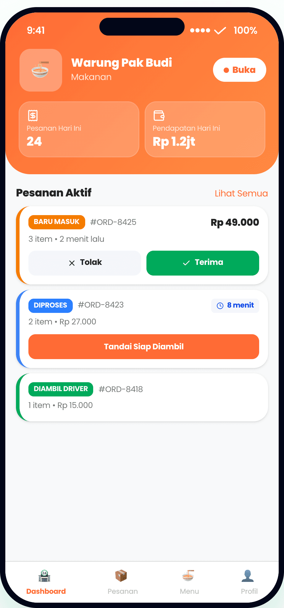 Merchant — dashboard: open/close & incoming orders