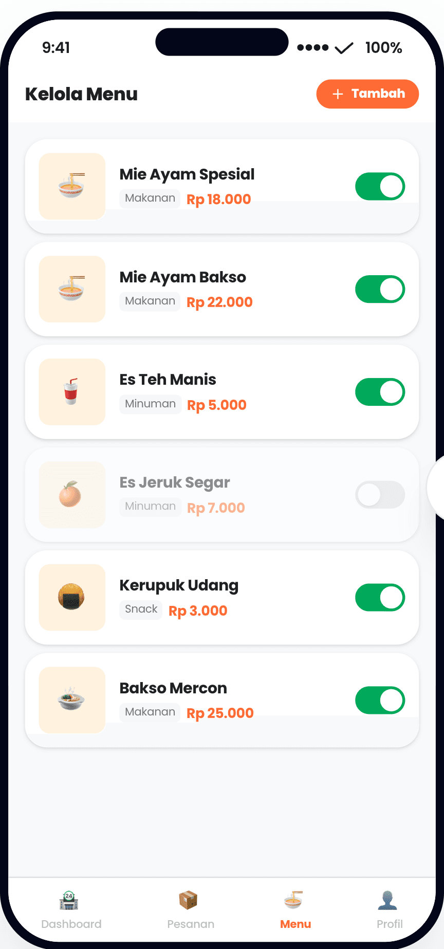 Merchant — menu & per-item stock management