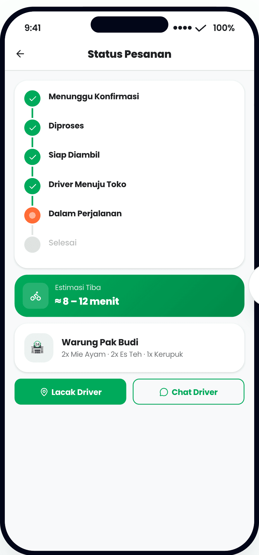 Customer — 6-stage order status + real-time ETA