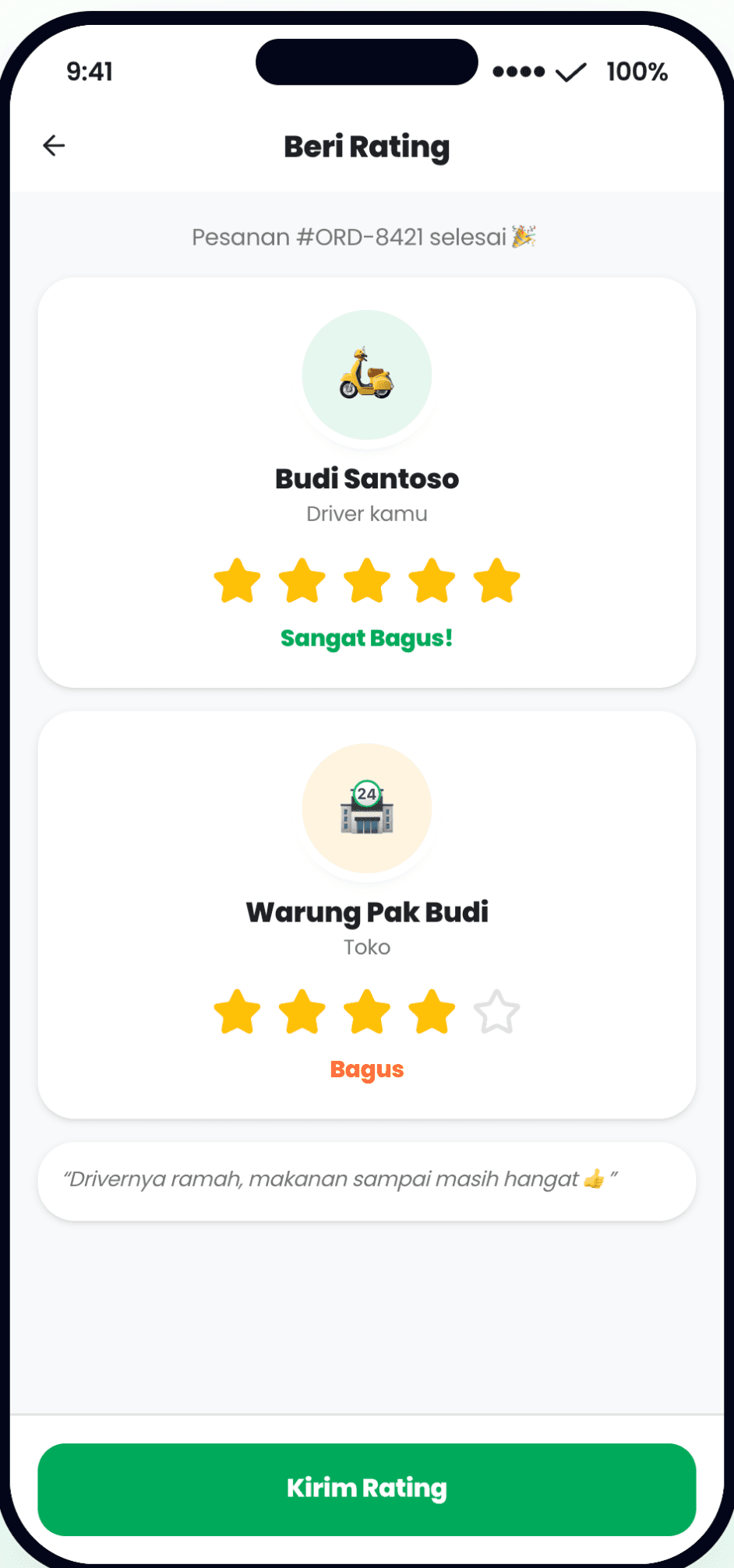 Customer — rate the driver & merchant