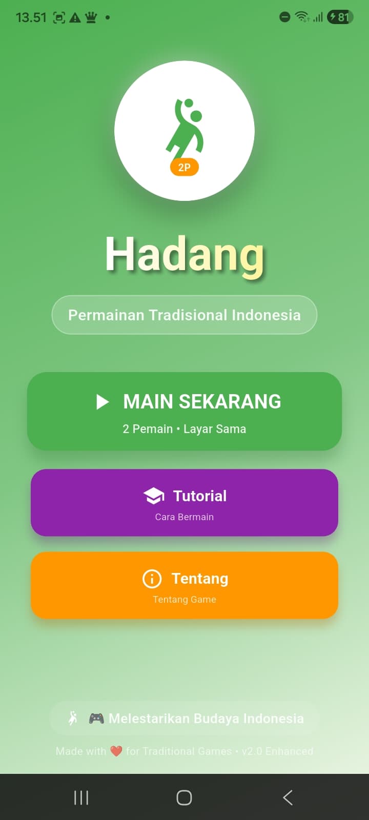 Hadang menu — 2-player single-screen play, tutorial & about