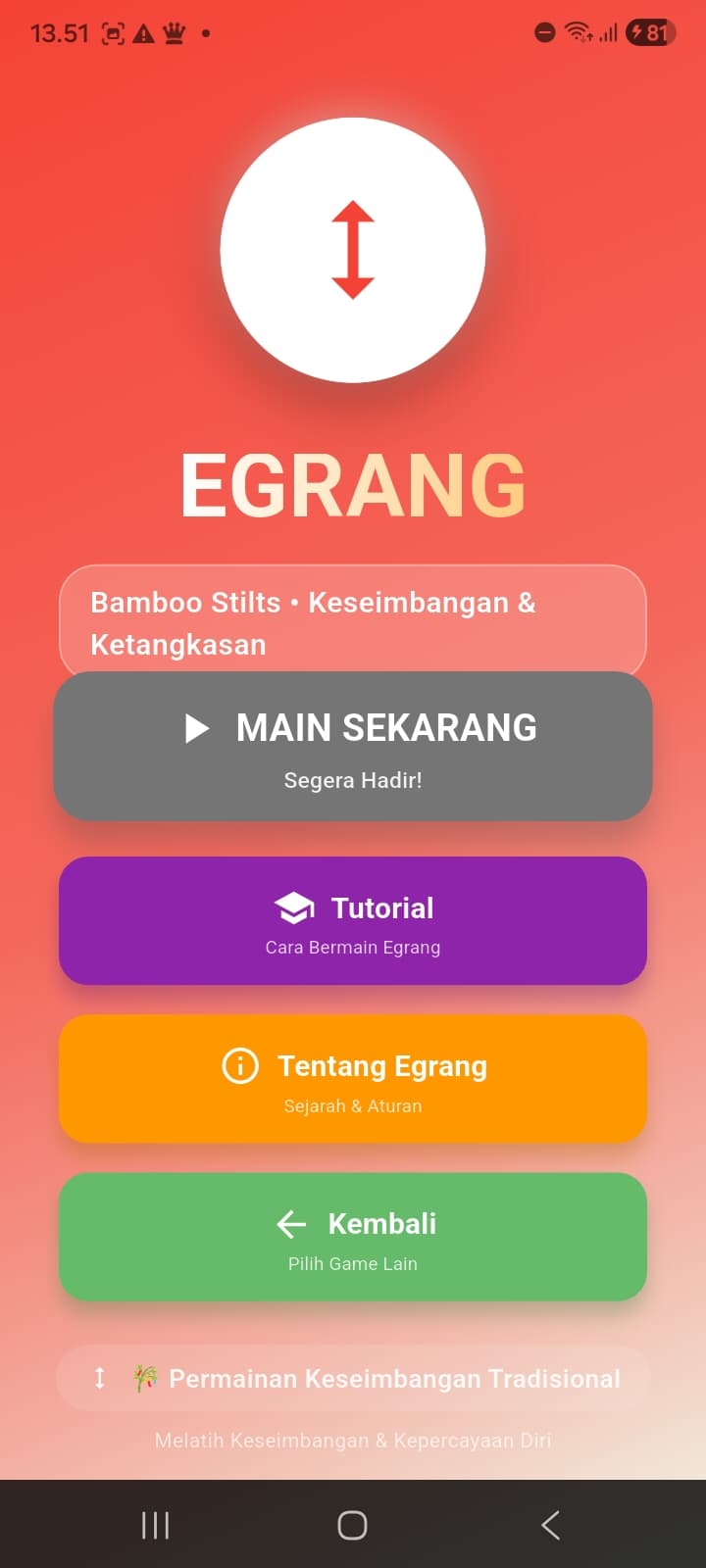 Egrang menu — Bamboo Stilts, balance & agility