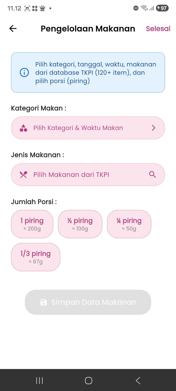 Meal logging from the 120+ item TKPI database