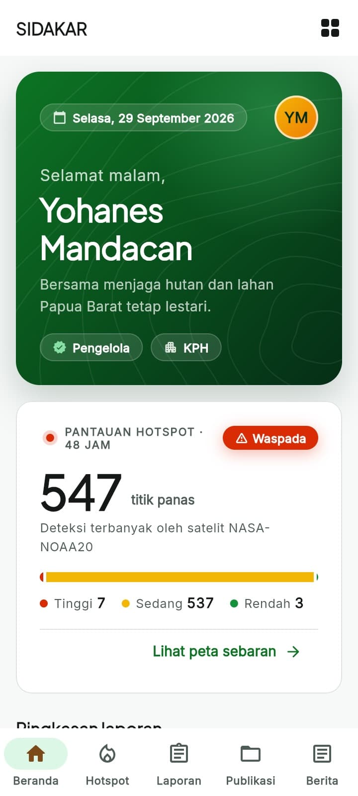 Beranda — pantauan hotspot 48 jam dan ringkasan laporan untuk petugas