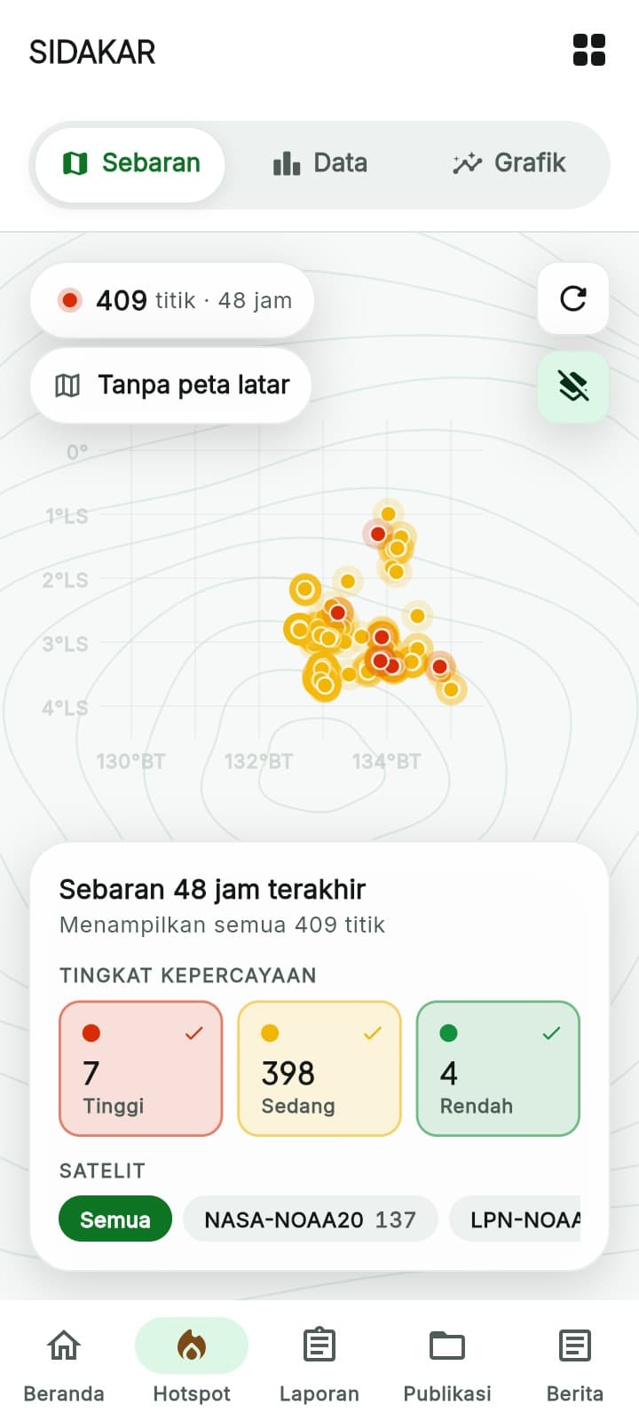 Sebaran hotspot — titik panas satelit per tingkat kepercayaan