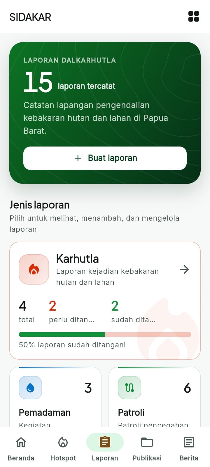 Laporan Dalkarhutla — lima jenis laporan dengan progres penanganan