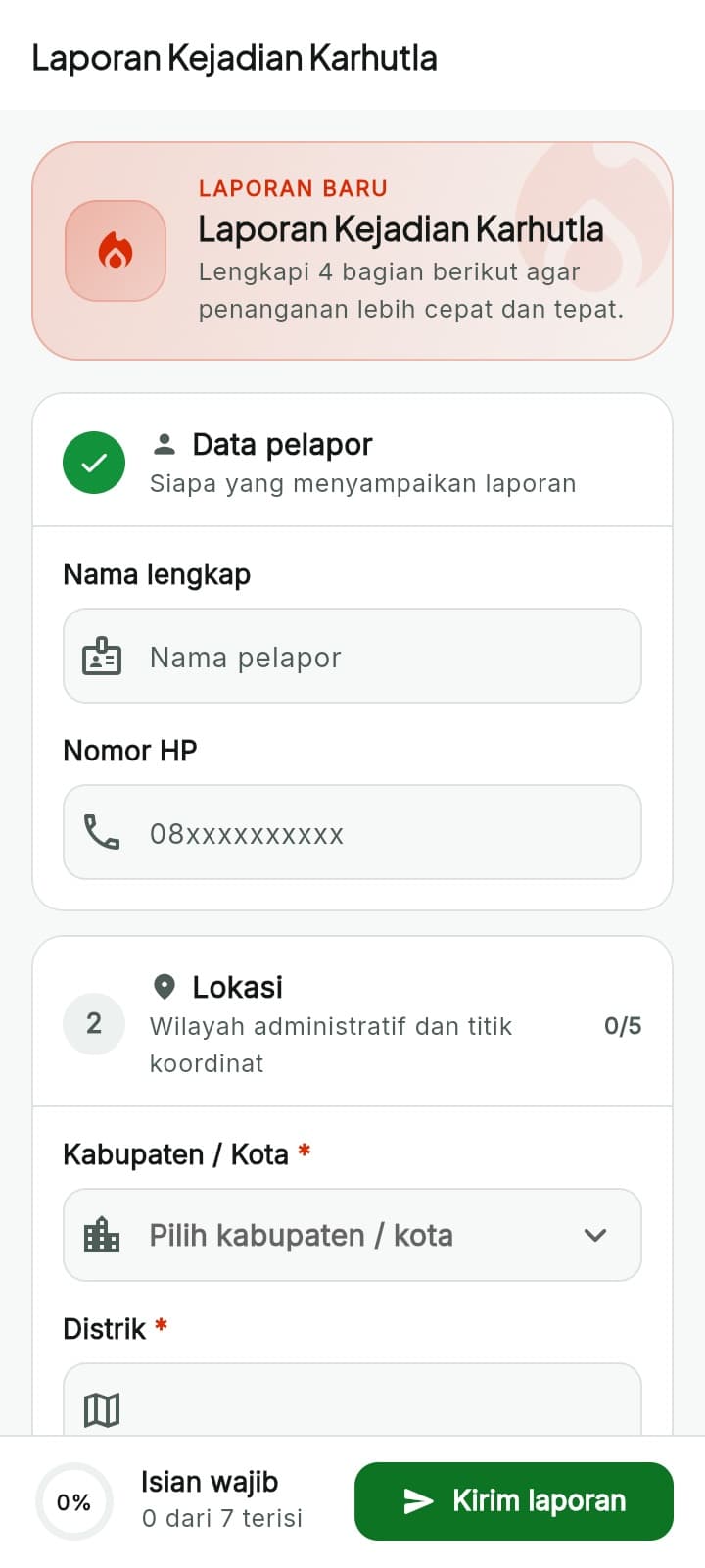 Form Lapor Karhutla — pelapor, lokasi, foto, dan isi laporan